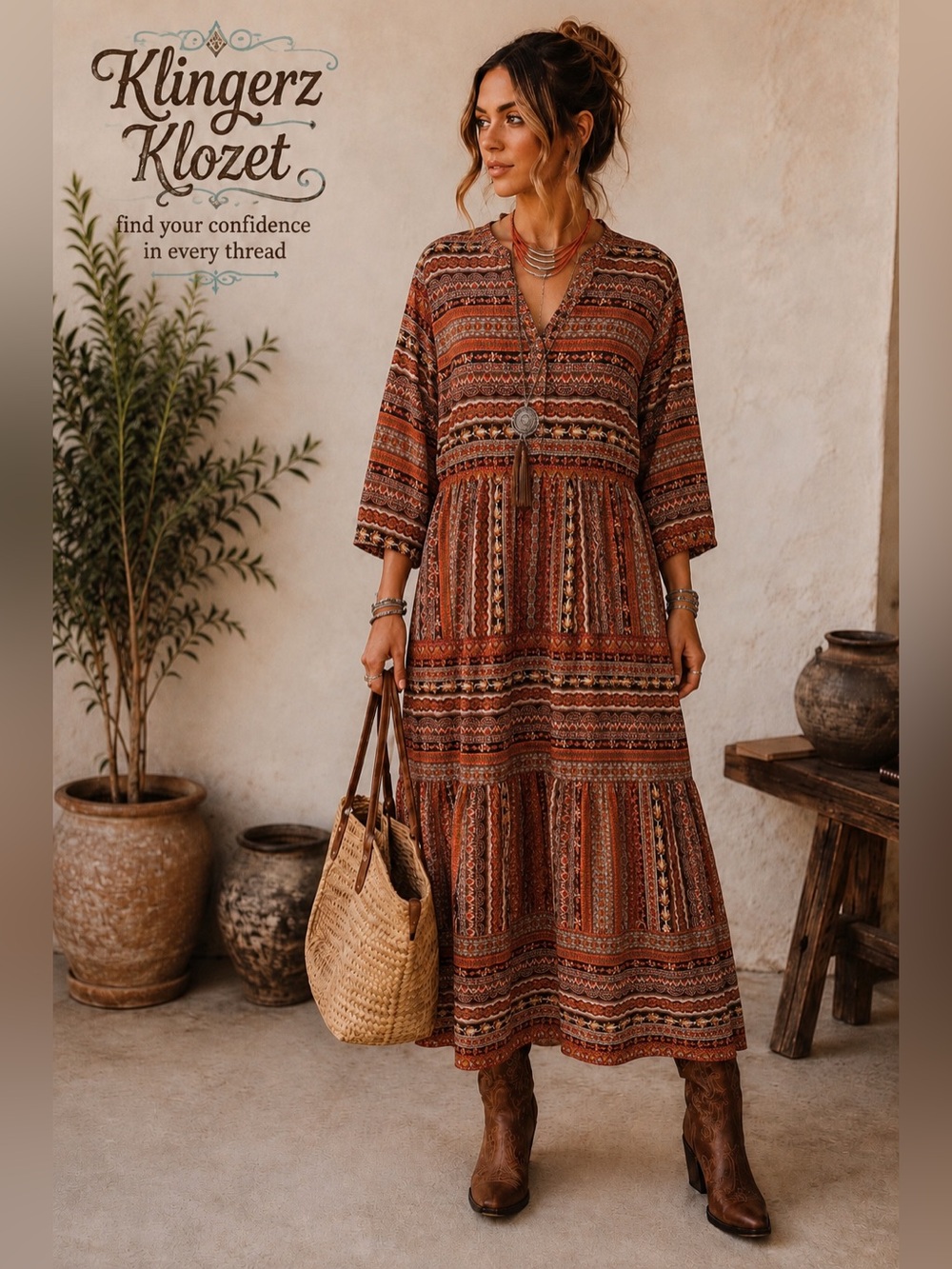 Boho Rust Tribal Print Tiered Maxi Dress | 1XL | Fall Western Bohemian